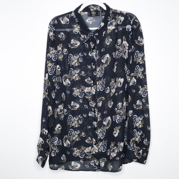 MG Women Button Up Blouse Plus Size 3X Blue Floral Artsy Sheer Office Career - Picture 1 of 7